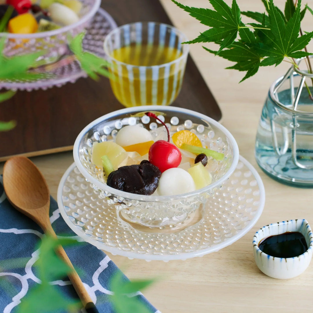 Snowflake Arare Dessert Bowl & Saucer Set filled with colorful Japanese anmitsu, featuring a textured glass design