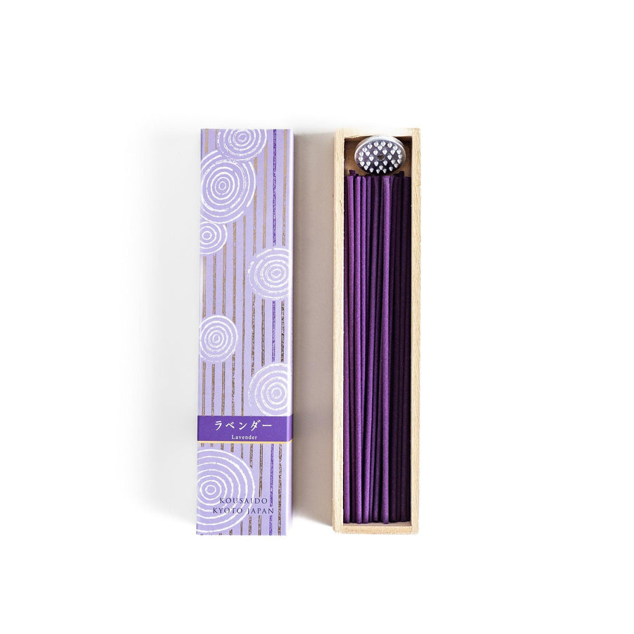 Japanese lavender incense in wooden box with purple sticks and white circle pattern design for relaxing aroma.