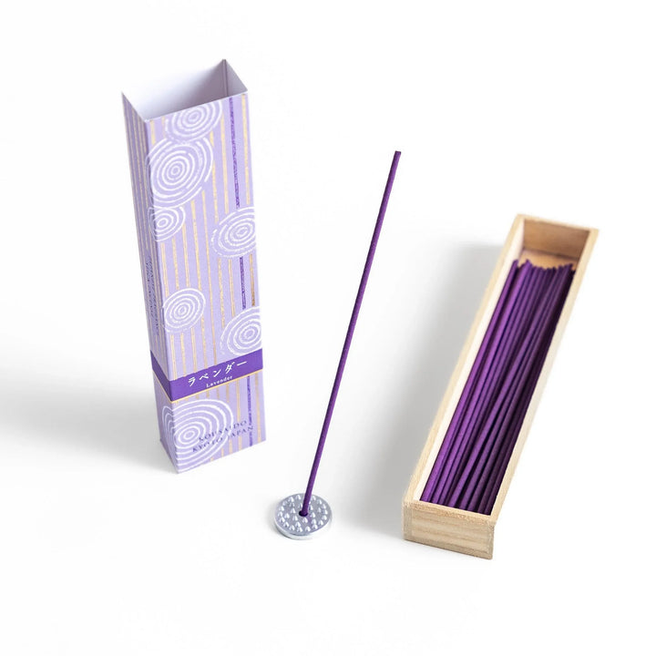 Japanese lavender incense in wooden box with purple sticks and white circle pattern design for relaxing aroma.