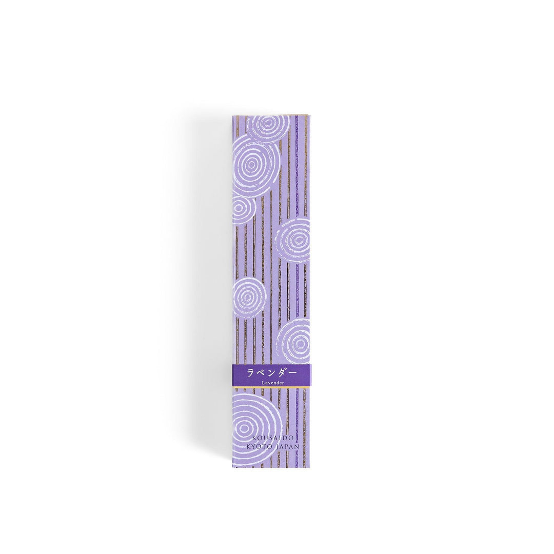 Japanese lavender incense in wooden box with purple sticks and white circle pattern design for relaxing aroma.