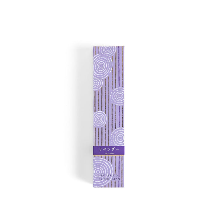 Japanese lavender incense in wooden box with purple sticks and white circle pattern design for relaxing aroma.