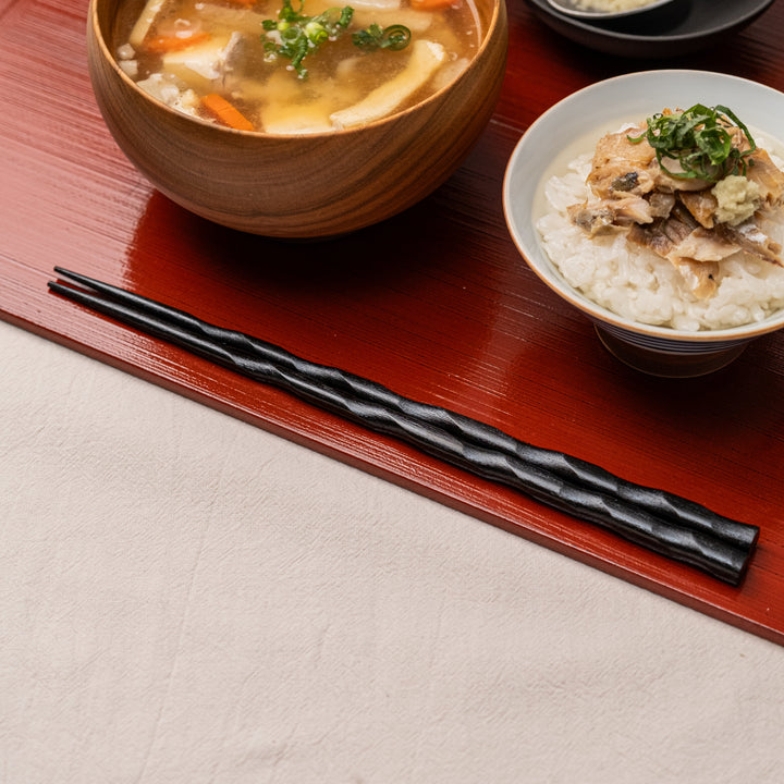 Japanese Black Wooden Chopsticks with Spiral Carved Grip Design