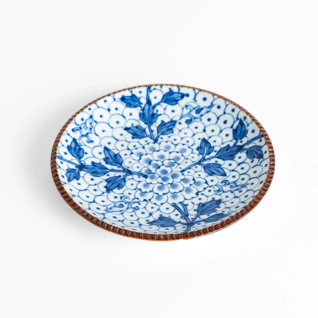 Dessert Plate featuring a beautiful blue spotted floral design with a delicate, beaded rim for an elegant touch.