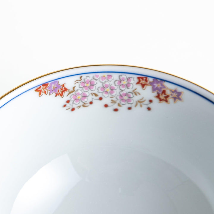 Round ceramic rice bowl with traditional Japanese tree and cloud designs in blue red and green on white.