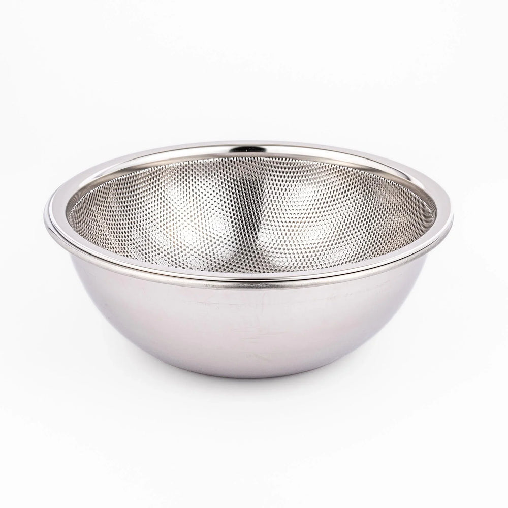 Fine stainless mesh strainer bowl with wide rim, perfect for draining noodles or rinsing rice and produce.