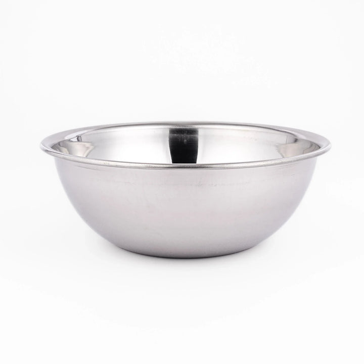 Stainless mixing bowl with smooth interior and flared rim, great for prepping, mixing, or serving daily.