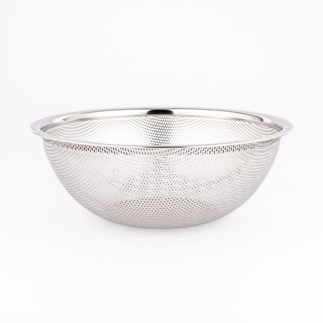 Fine stainless mesh strainer bowl with wide rim, perfect for draining noodles or rinsing rice and produce.
