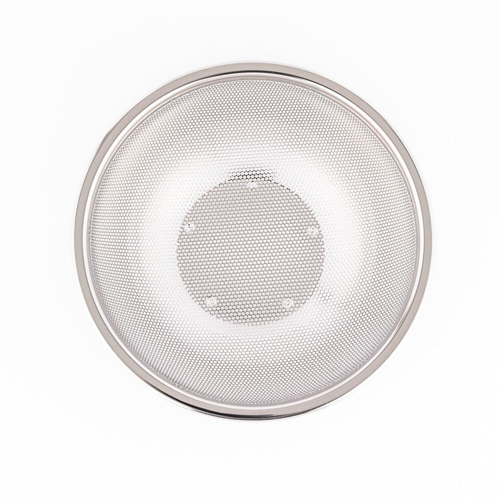 Fine stainless mesh strainer bowl with wide rim, perfect for draining noodles or rinsing rice and produce.