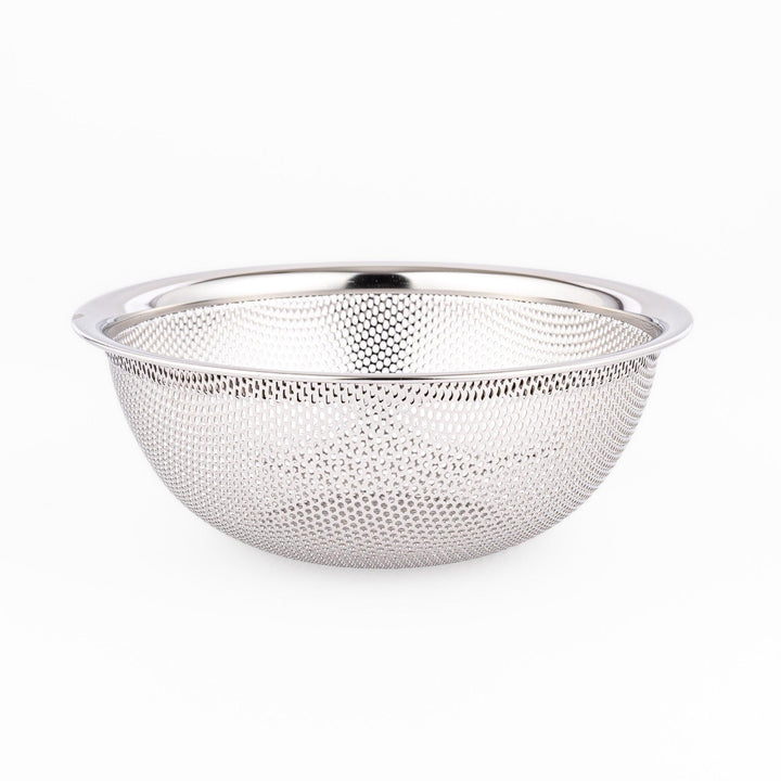 Fine mesh stainless strainer bowl with curved shape, ideal for washing grains, fruits, or vegetables.