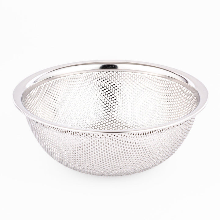 Fine mesh stainless strainer bowl with curved shape, ideal for washing grains, fruits, or vegetables.
