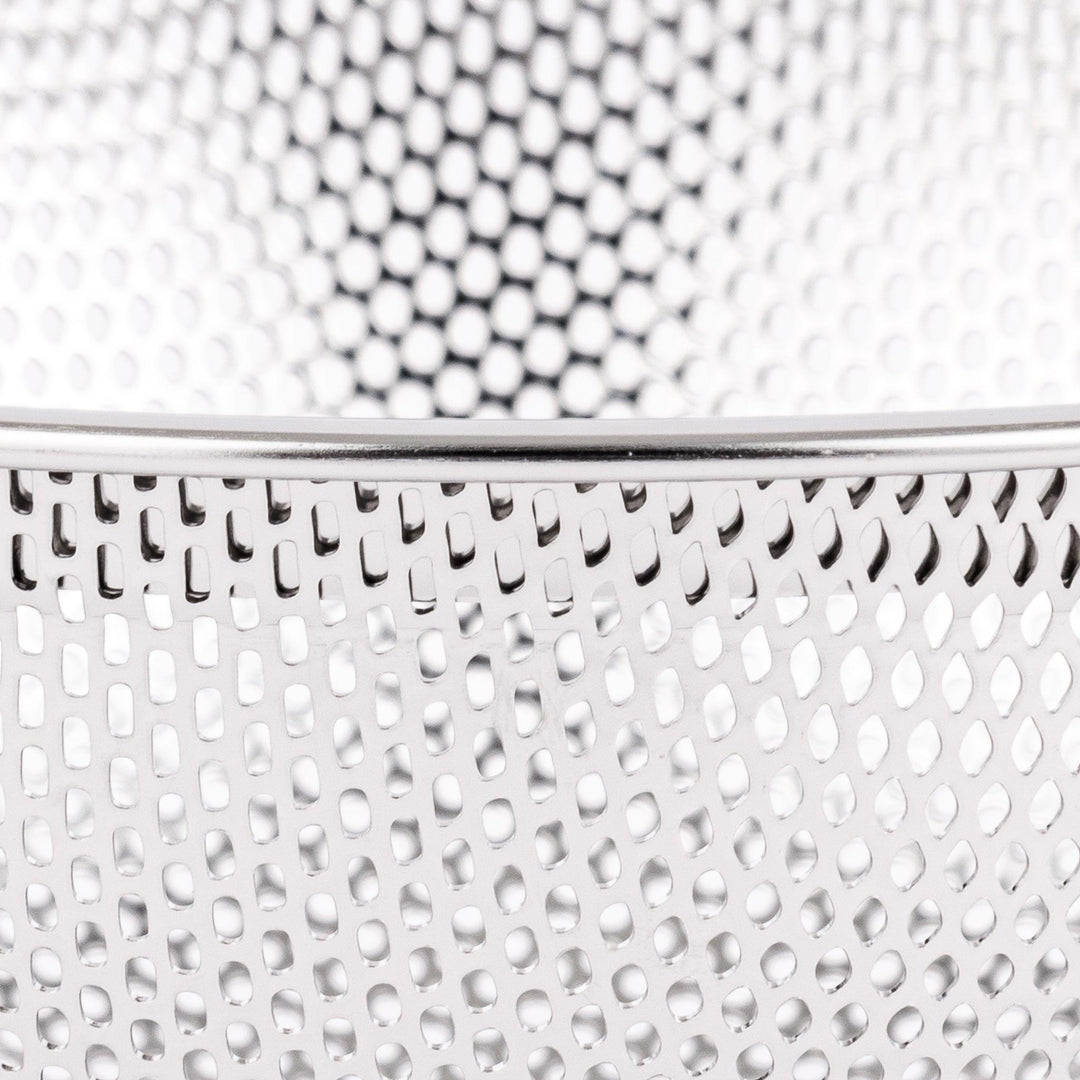 Fine mesh stainless strainer bowl with curved shape, ideal for washing grains, fruits, or vegetables.