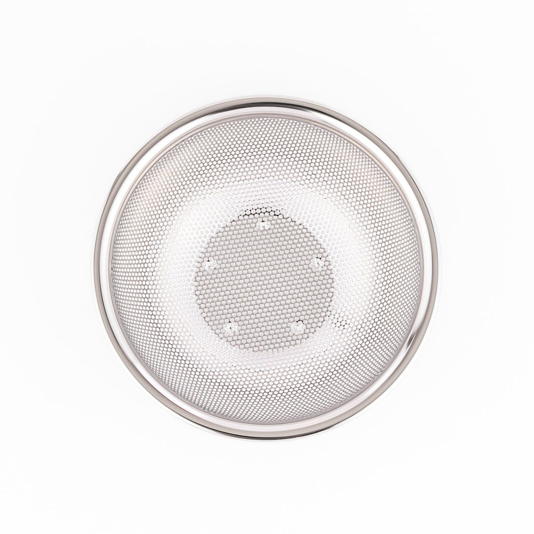 Fine mesh stainless strainer bowl with curved shape, ideal for washing grains, fruits, or vegetables.