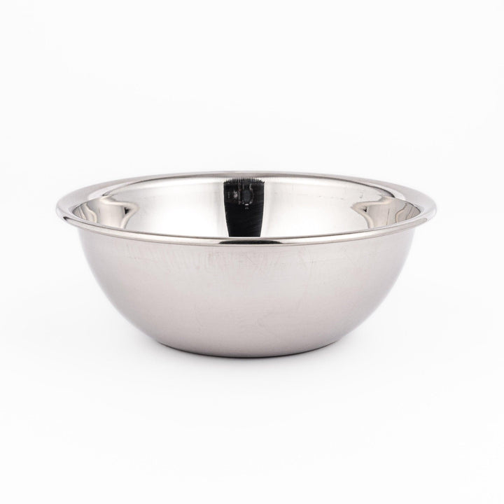Shiny stainless steel mixing bowl with smooth finish and rolled rim, great for meal prep, baking, and everyday kitchen use.