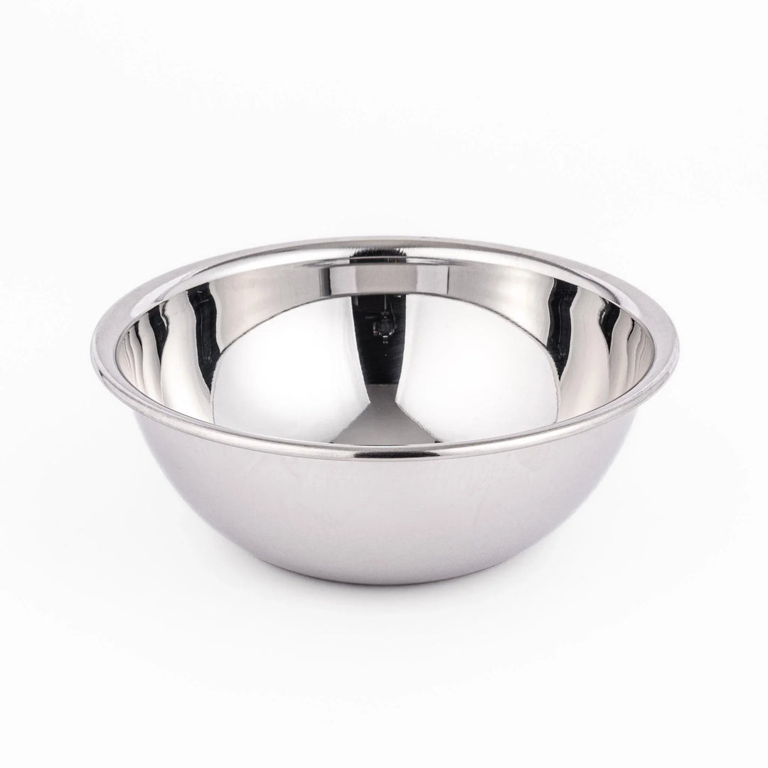 Shiny stainless steel mixing bowl with smooth finish and rolled rim, great for meal prep, baking, and everyday kitchen use.