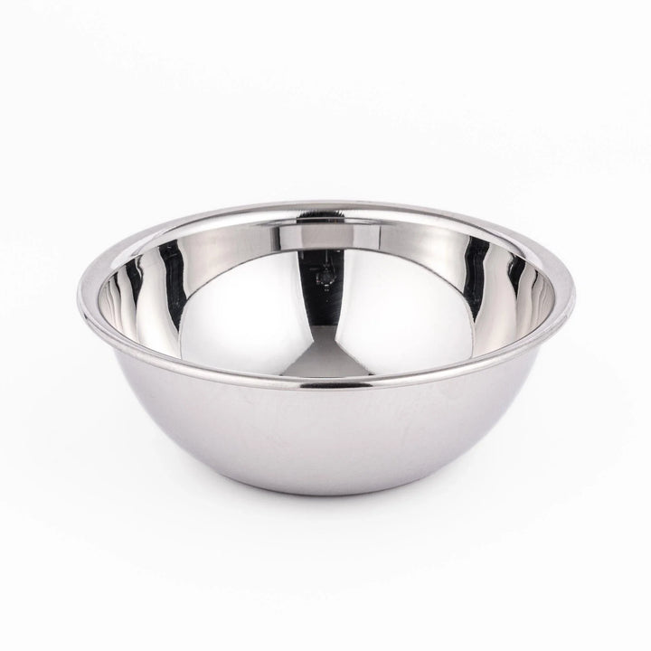 Shiny stainless steel mixing bowl with smooth finish and rolled rim, great for meal prep, baking, and everyday kitchen use.