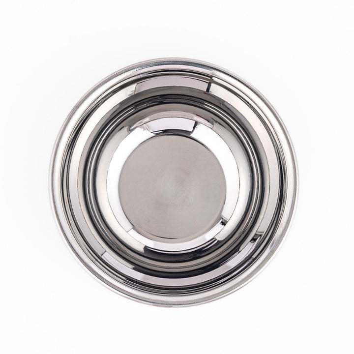 Shiny stainless steel mixing bowl with smooth finish and rolled rim, great for meal prep, baking, and everyday kitchen use.