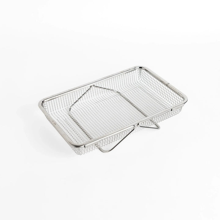Fine mesh stainless steel draining basket, ideal for washing or draining ingredients during food preparation.