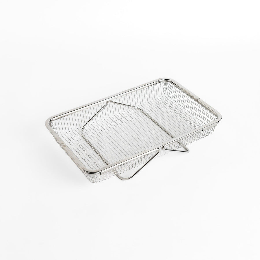 Fine mesh stainless steel draining basket, ideal for washing or draining ingredients during food preparation.