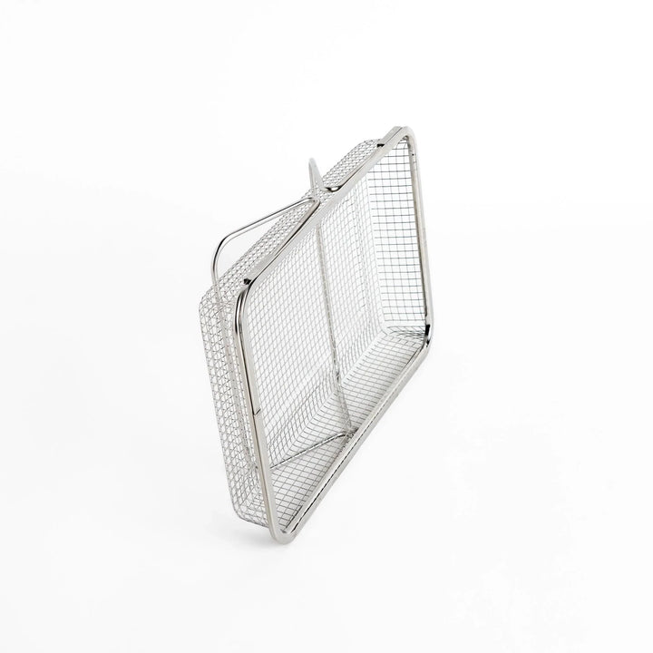 Fine mesh stainless steel draining basket, ideal for washing or draining ingredients during food preparation.
