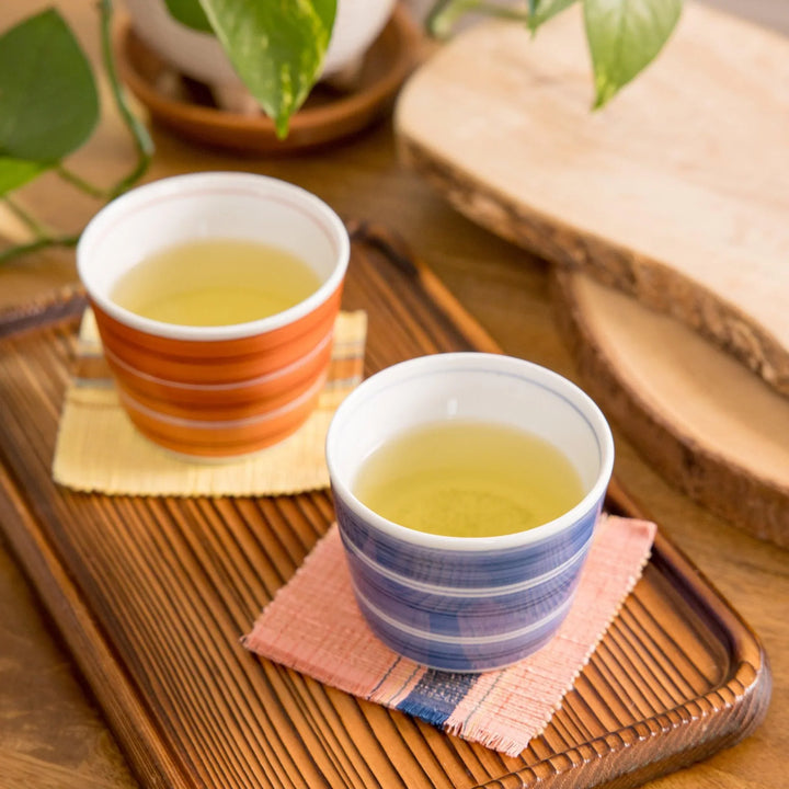 Vibrant ceramic bowl with smooth glaze and alternating bands of deep blue and burnt orange tones.