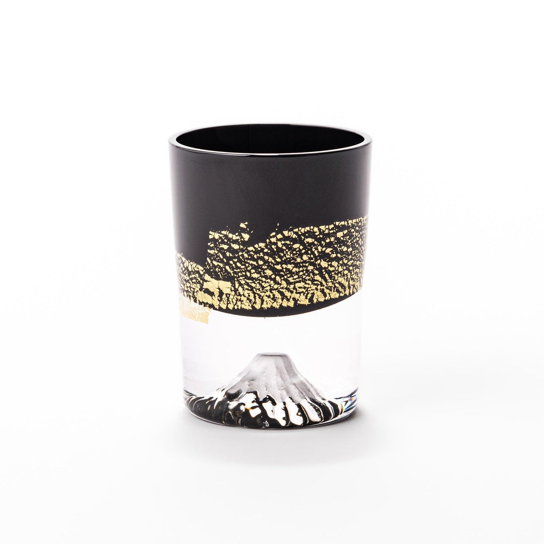 Black and clear sake glass with gold-leaf landscape and Mount Fuji base, offering bold Japanese elegance.