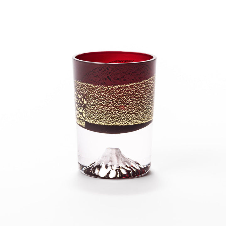 Deep red sake glass with gold-leaf mountain and Mount Fuji base, showcasing refined Japanese craftsmanship.