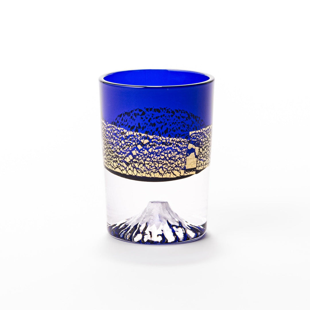 Deep blue sake glass with gold-leaf mountain and Mount Fuji base, blending traditional design with refined artistry.