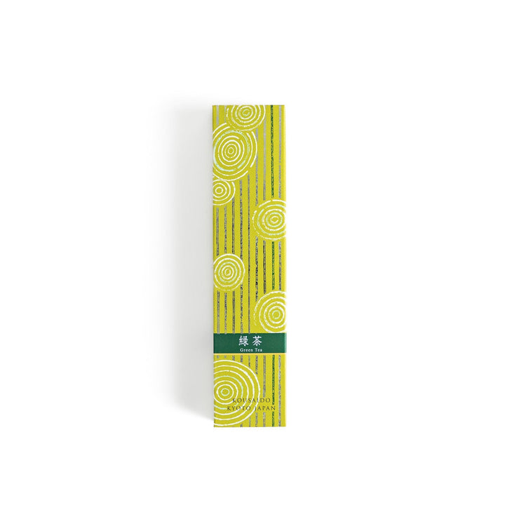 Japanese Green Tea incense sticks in a yellow patterned box with wooden holder, offering a fresh, soothing aroma from Kyoto