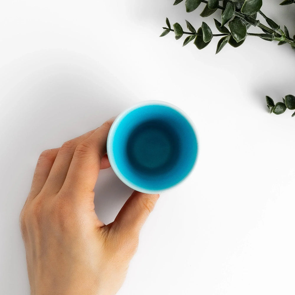 Turkish blue mini cup with matte finish and white base, perfect for small drinks or colorful table accents.
