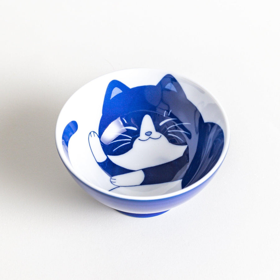 A rice bowl with a curled-up black and white cat design, sleeping peacefully.