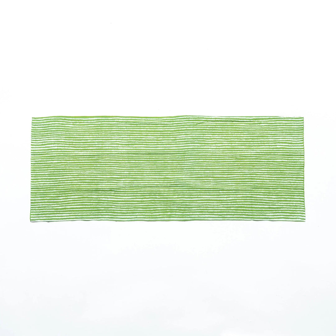 Green hand towel with vertical white stripes, laid flat for full view.