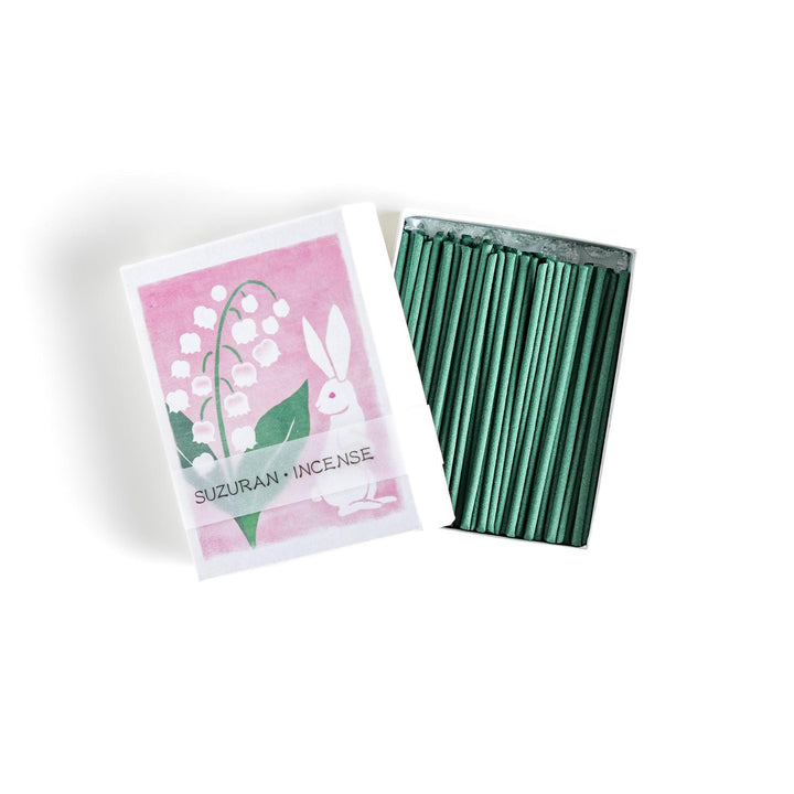 Incense with green sticks in lily of the valley rabbit box offering a soft floral and calming Japanese scent.
