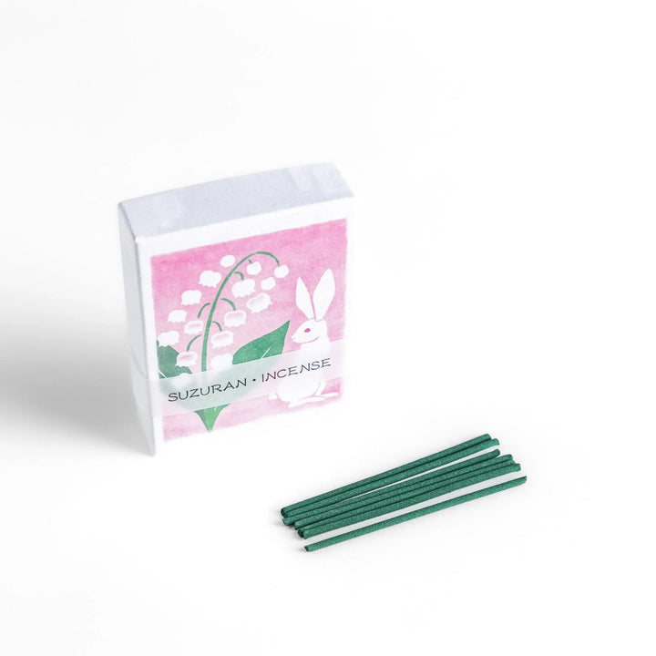 Incense with green sticks in lily of the valley rabbit box offering a soft floral and calming Japanese scent.