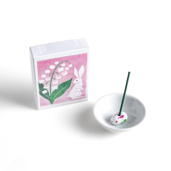 Incense with green sticks in lily of the valley rabbit box offering a soft floral and calming Japanese scent.