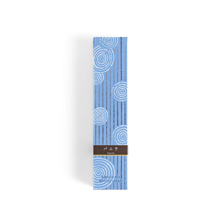 Japanese Vanilla incense sticks in a light blue patterned box with wooden holder, offering a warm and comforting fragrance
