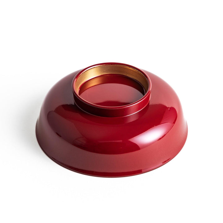 Glossy lacquer soup bowl with matching lid and gold rim available in black or red for elegant serving.