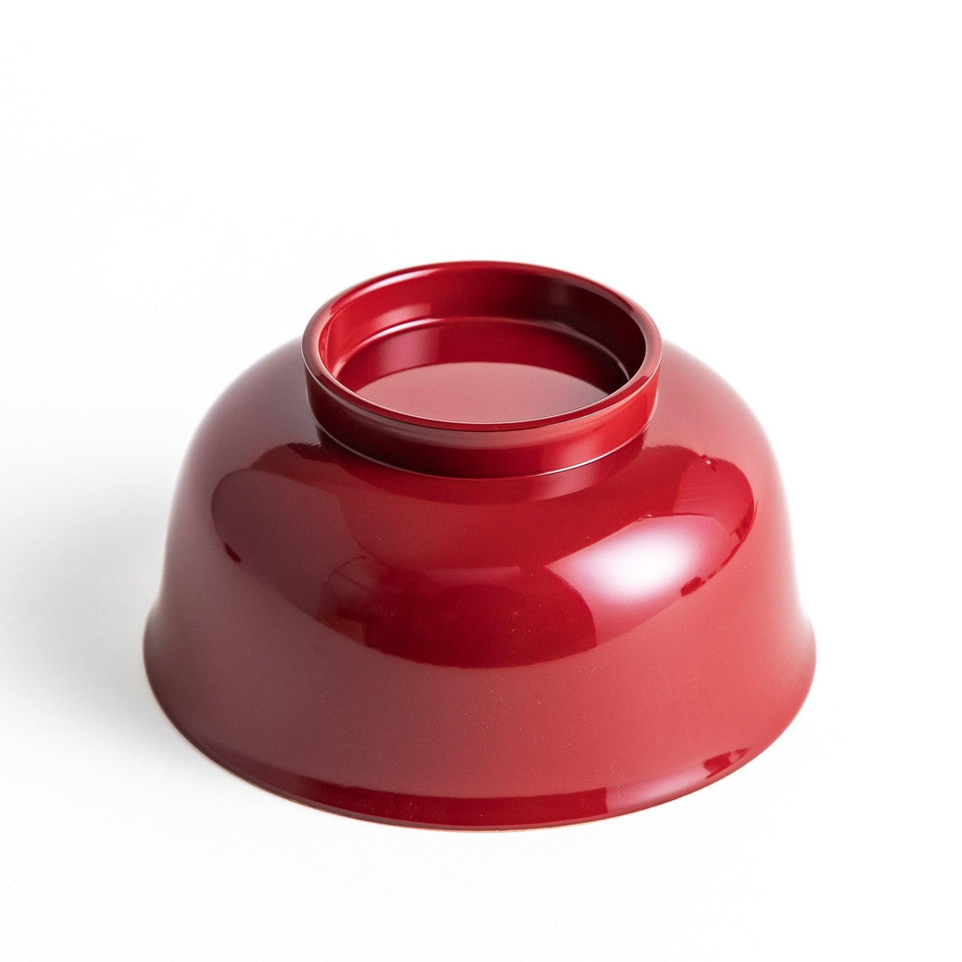 Glossy lacquer soup bowl with matching lid and gold rim available in black or red for elegant serving.