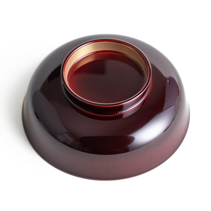 Glossy lacquer soup bowl with matching lid and gold rim available in black or red for elegant serving.