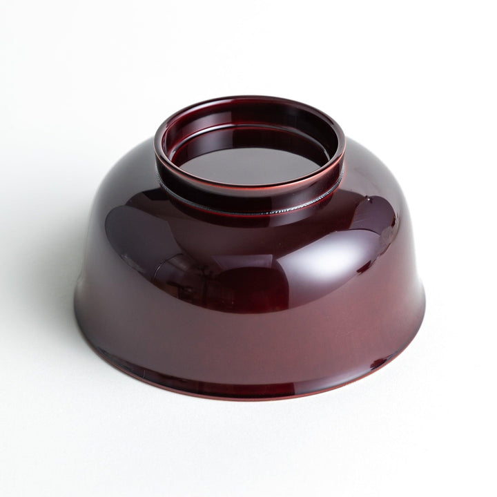 Glossy lacquer soup bowl with matching lid and gold rim available in black or red for elegant serving.