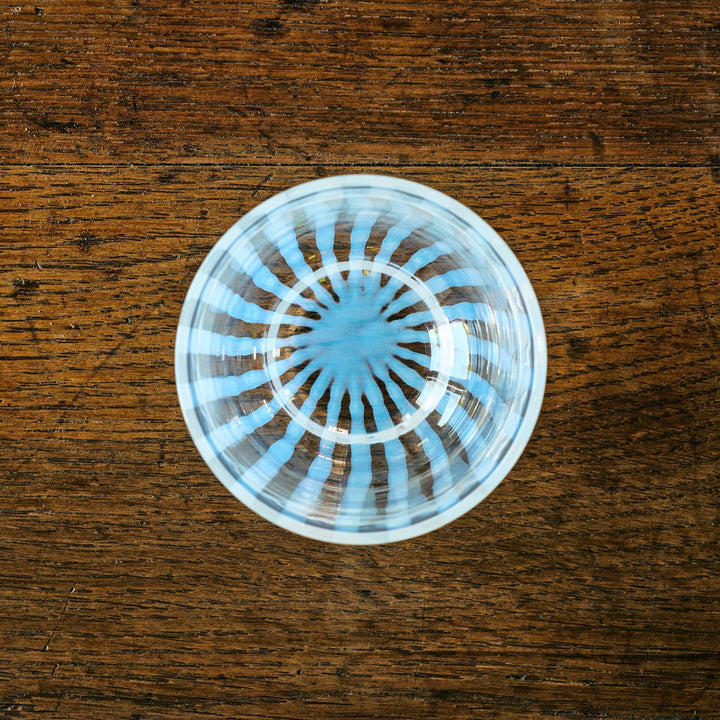 Top-down view of a glass tea cup showing a sunburst-like blue stripe pattern on the inside bottom.