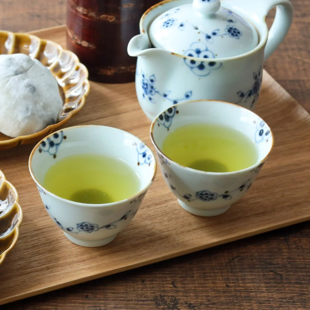 White porcelain teacup with blue floral vine and gold rim paired with green tea for serene setting.