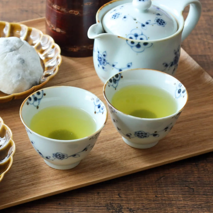 White porcelain teacup with blue floral vine and gold rim paired with green tea for serene setting.