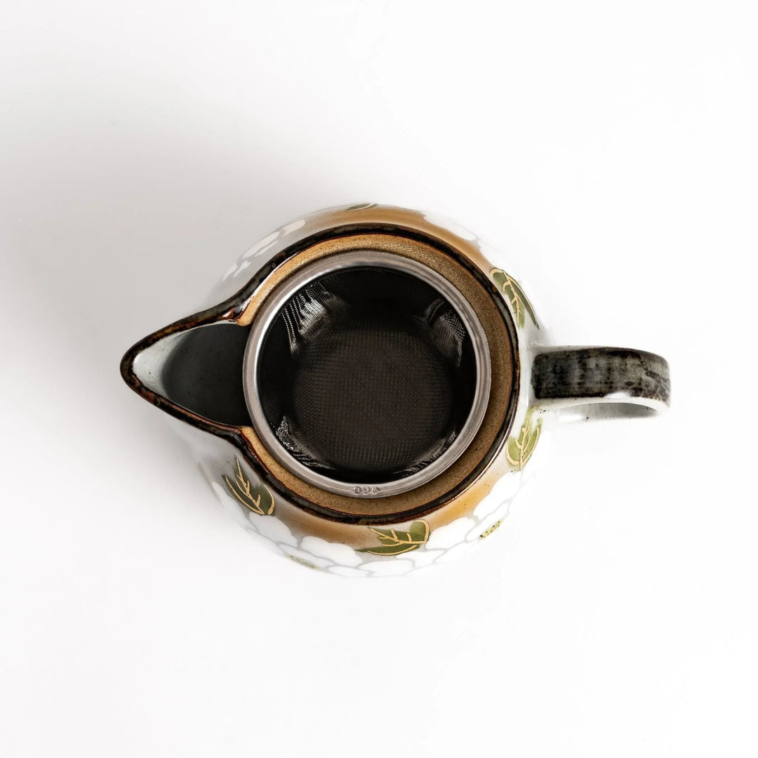 Elegant teapot adorned with white peony patterns, accented with gold and green leaves, perfect for sophisticated tea service.