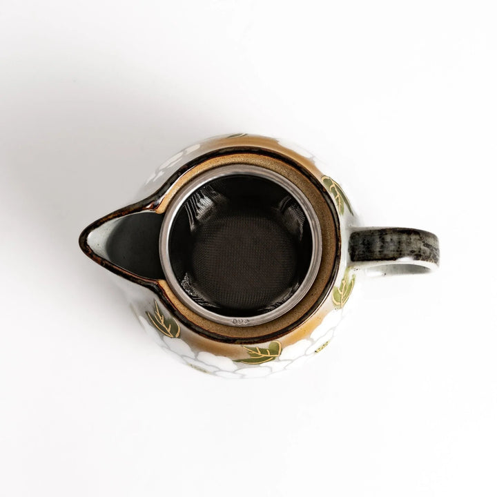 Elegant teapot adorned with white peony patterns, accented with gold and green leaves, perfect for sophisticated tea service.