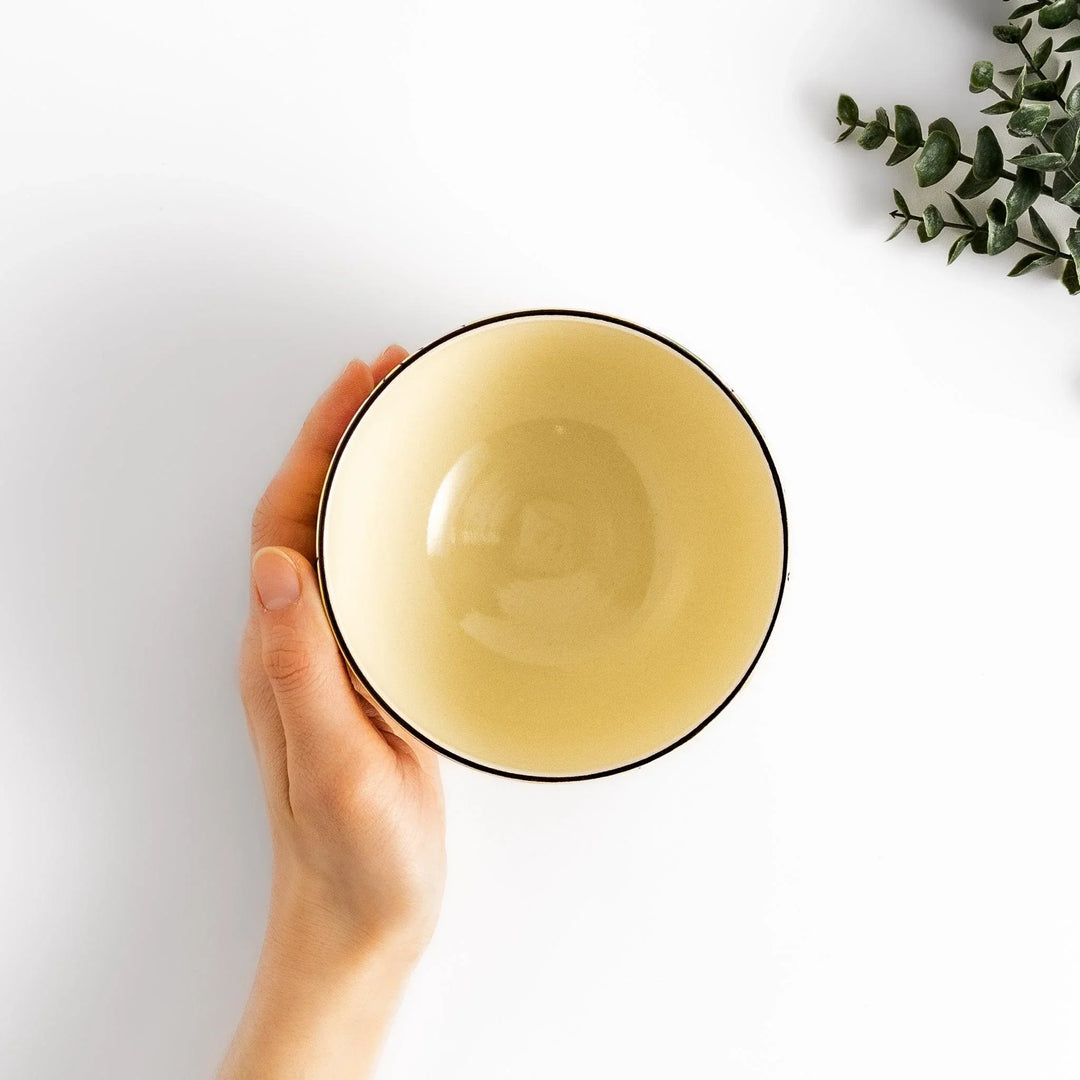 Yellow matcha bowl handcrafted with nature-inspired design, ideal for enjoying Japanese tea. (114)