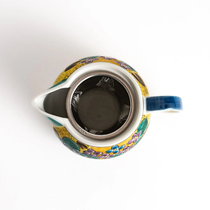 Vibrant yellow ceramic teapot with colorful hydrangea design and green spout for cheerful tea time.